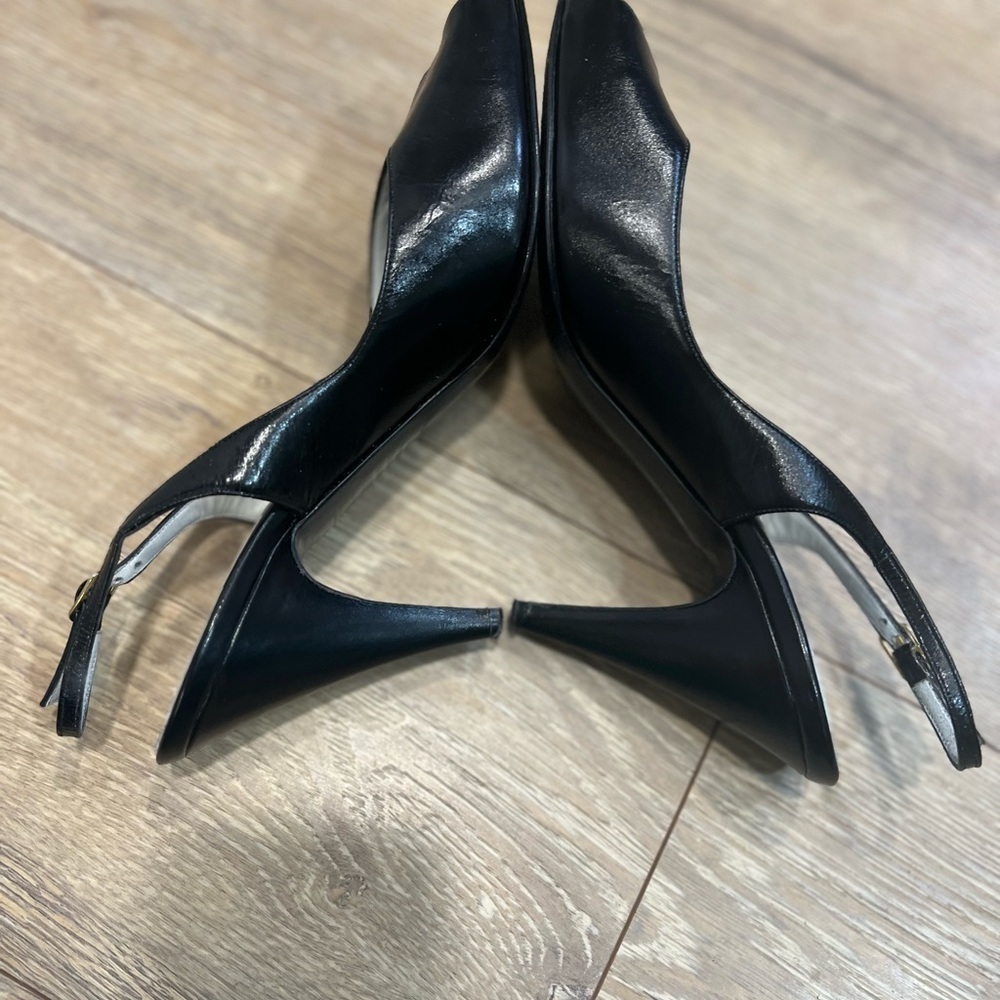BRUNO MAGLI black leather peep toe sling shoes with gold accent on the toe - Picture 8 of 16